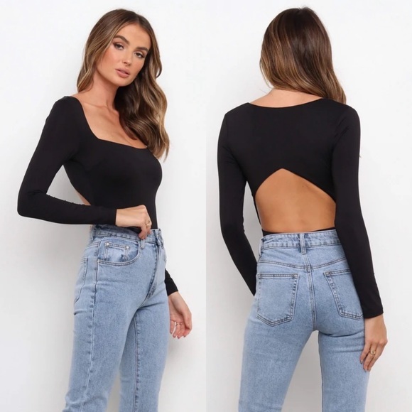 Petal & Pup Tops - Petal & Pup Black Bodysuit Long Sleeve Open Back Square Neck Size 8